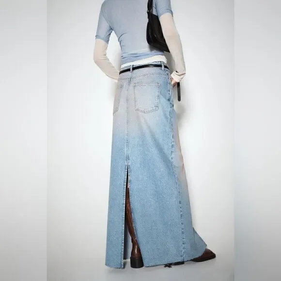 ZARA Z1975 PINK WASHED SLIT DENIM SKIRT - Picture 8 of 13